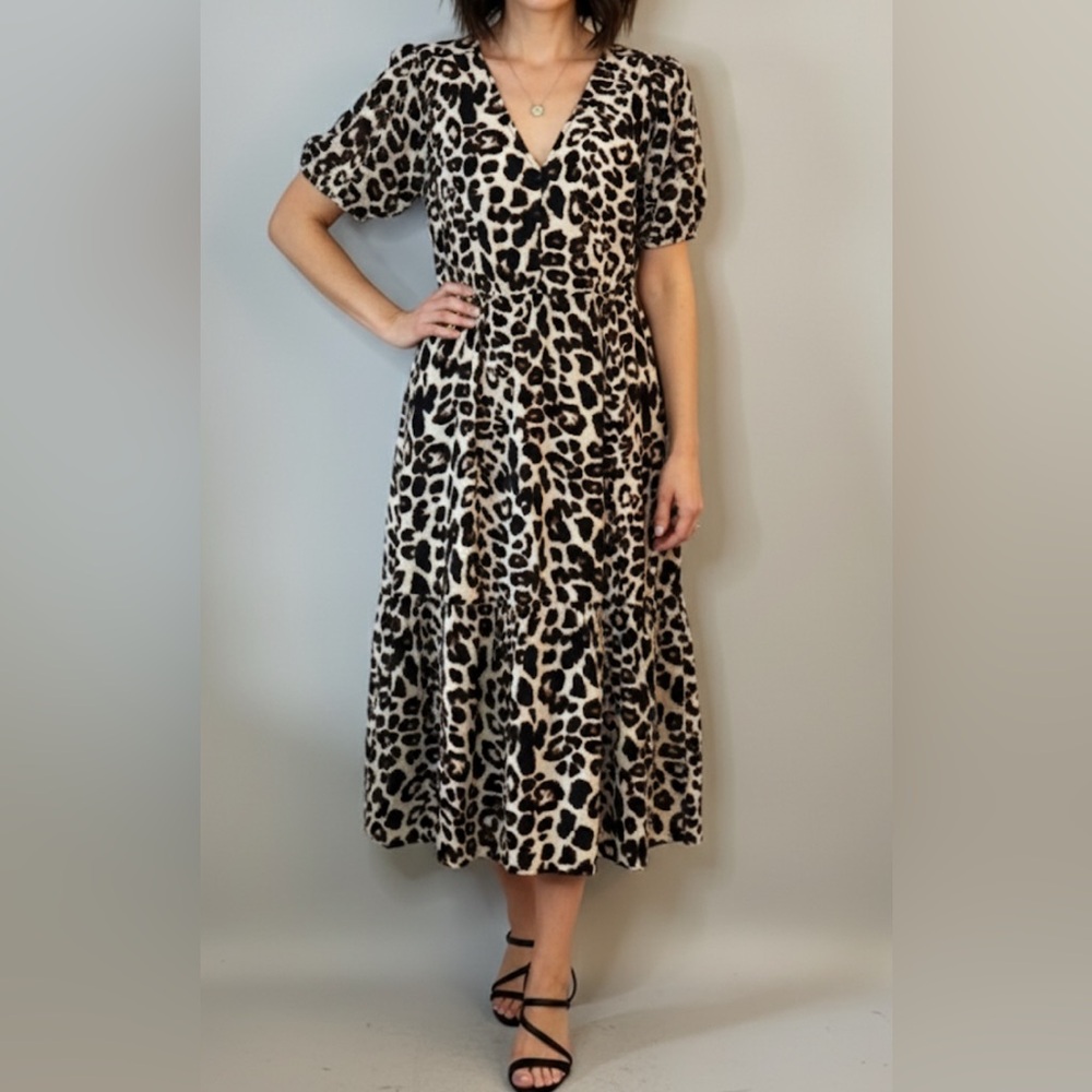 Monteau Los Angeles Leopard Print V Neck Puff Sleeve Midi Dress NWT Medium